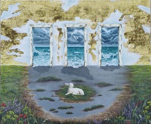 Pintura «Las noches»: tres marcos de puerta en un muro dorado abiertos a un mar tormentoso; delante, un cordero blanco tumbado en un claro gris de un prado con flores