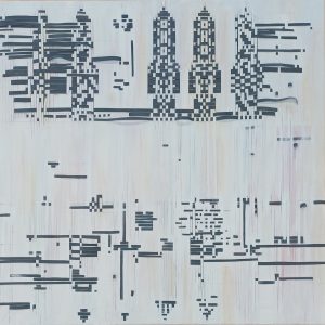 Obra «Game over»: tiras gris oscuro sobre fondo blanco forman figuras pixeladas, con tres torres en forma de cohete arriba y fragmentos dispersos abajo