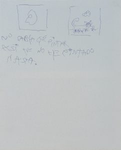 Obra «Jo, lo siento»: lienzo gris claro con trazos azules infantiles, una cara y un gato en recuadros y el texto “No sabía qué pintar así que no he pintado nada”