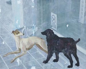 Pintura «Prohibido perros»: un galgo blanco y un perro negro de pelo largo en una acera ante un escaparate con cartel de prohibido perros, en tonos azulados