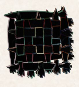 Obra digital: forma negra de tiras entretejidas en cuadrícula, con bordes de colores desplazados y salientes puntiagudos, sobre fondo crema