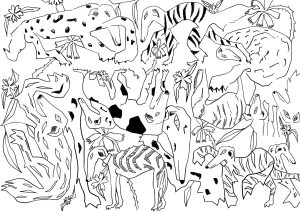 Obra digital «Jardín de perros»: dibujo de línea en blanco y negro con muchos perros de hocico alargado, con manchas o rayas, entre flores y hojas