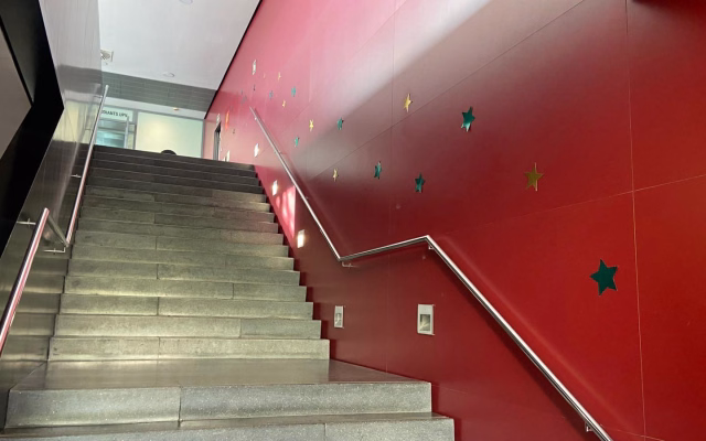 Student Recreation Centre staircase with its red wall decorated with green and gold stars for Christmas