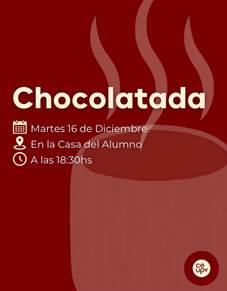 Poster for the CeUPV Chocolatada hot chocolate gathering: Tuesday 16 December at 18:30 at the Student Recreation Centre, over a steaming mug illustration