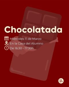 Poster for the Chocolatada: Wednesday 11 March, 16:30 to 17:30, at the Student Recreation Centre, with an illustration of a chocolate bar