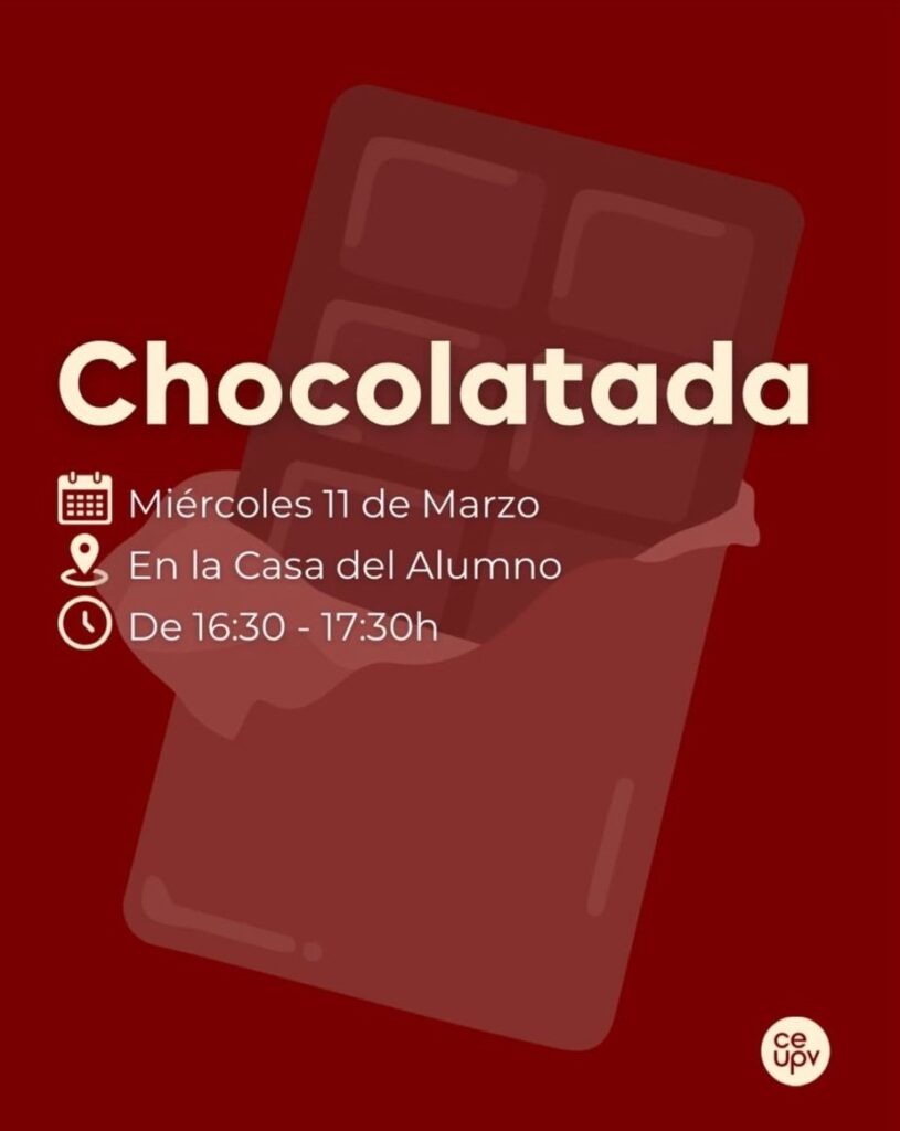 Poster for the Chocolatada: Wednesday 11 March, 16:30 to 17:30, at the Student Recreation Centre, with an illustration of a chocolate bar