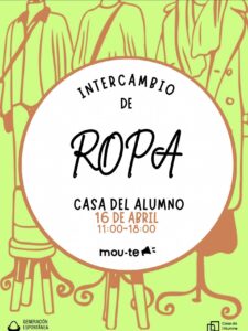 Poster for the Mou-te clothes swap at the Student Recreation Centre on 16 April from 11:00 to 18:00, with drawings of garments on mannequins