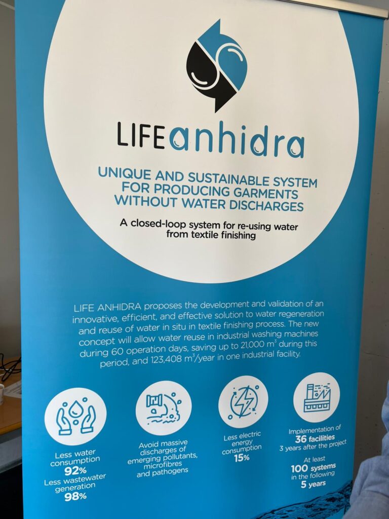 Roll-up del projecte LIFE Anhidra: sistema únic i sostenible per a produir peces de roba sense abocaments d'aigua, amb dades d'estalvi d'aigua i energia