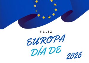 Tarjeta con la bandera de la Unión Europea ondeando y el mensaje Feliz Día de Europa 2026