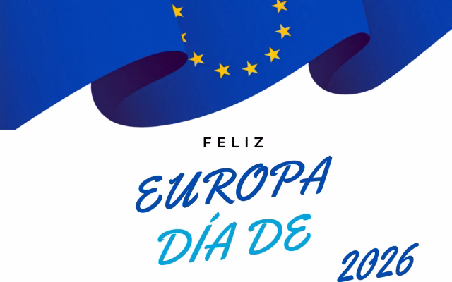 Card with the waving European Union flag and the greeting Happy Europe Day 2026