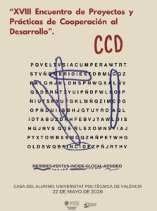 Poster for the 18th Meeting of Development Cooperation Projects and Placements on 22 May 2026 at the Student Recreation Centre, featuring a word search