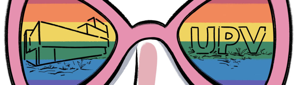 Ilustración de unas gafas de sol rosas con cristales arcoíris que reflejan un edificio y las letras UPV, por el Día del Orgullo
