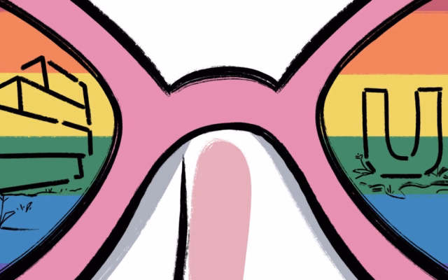 Illustration of pink sunglasses with rainbow lenses reflecting a building and the letters UPV, for Pride Day