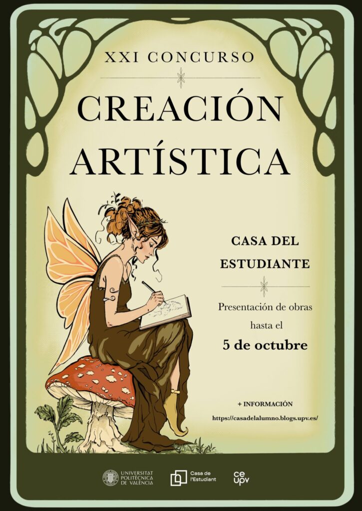 Poster for the 21st Artistic Creation Contest at the Student Recreation Centre: entries accepted until 5 October 2026. Illustration of a fairy sitting on a toadstool and drawing in a sketchbook.