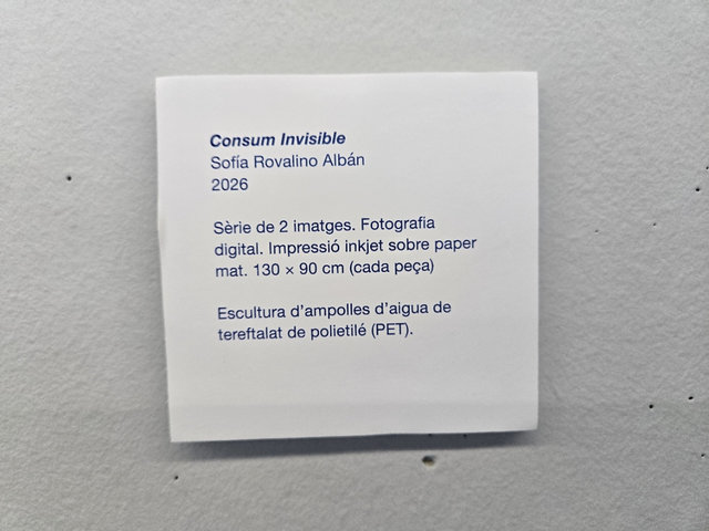 Cartel·la de l'obra «Consum Invisible» (2026): sèrie de 2 fotografies digitals i una escultura d'ampolles d'aigua de PET